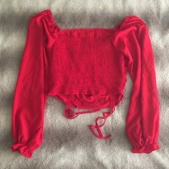 SHEIN Ruched Drawstring Front Ruffle Cuff Crop Top - Picture 2 of 2